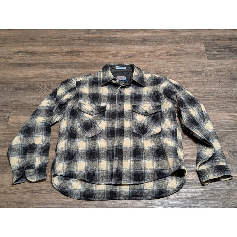 Pendleton Outdoorsman Wool Plaid Board Shirt Jacket Black Cream Large USA Made